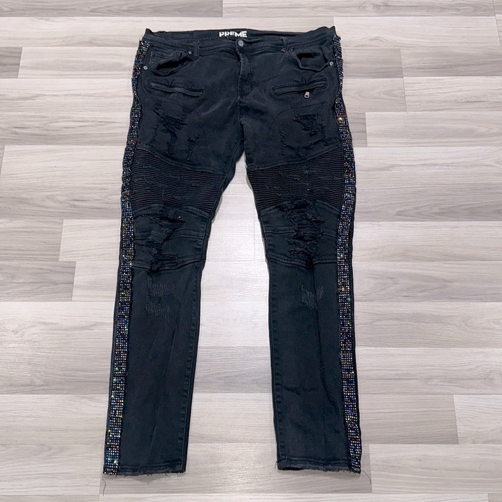 PREME - MEN’S BLACK DISTRESSED / MULTI COLOR DIAMOND JEANS SIZE 42W/34L NC0071